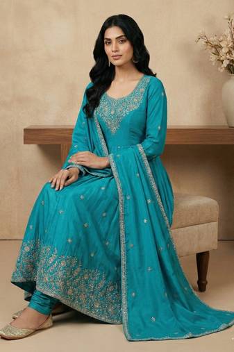Blue thread embroidery art silk salwar suit