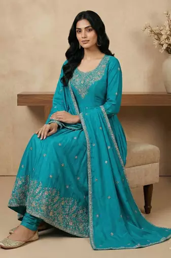Blue thread embroidery art silk salwar suit