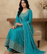 Blue thread embroidery art silk salwar suit