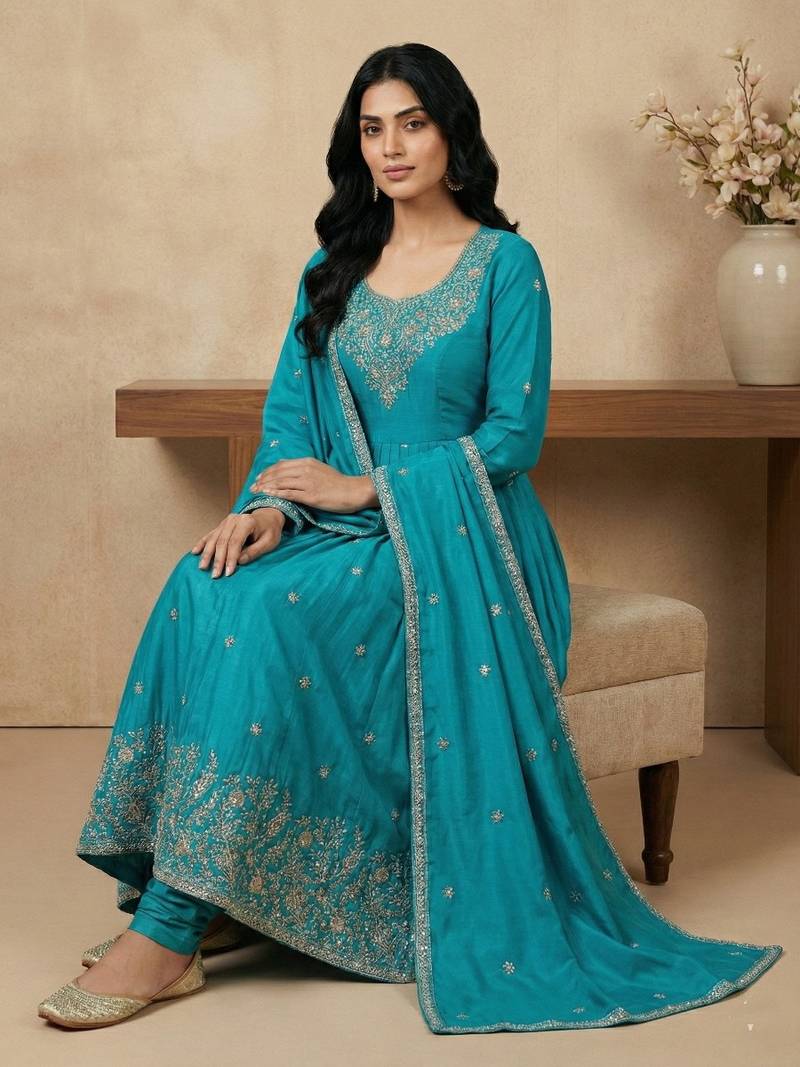 Blue thread embroidery art silk salwar suit