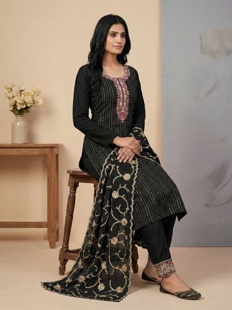 Black thread embroidery silk salwar suit