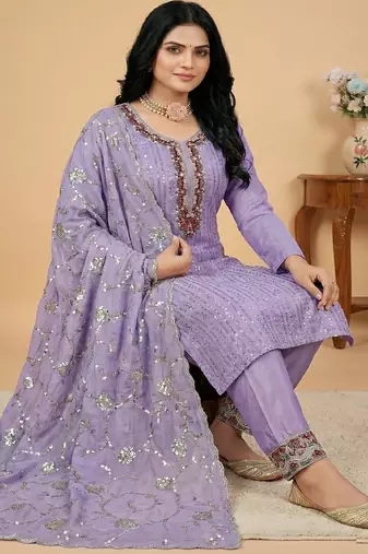 Lavender thread embroidery silk salwar suit