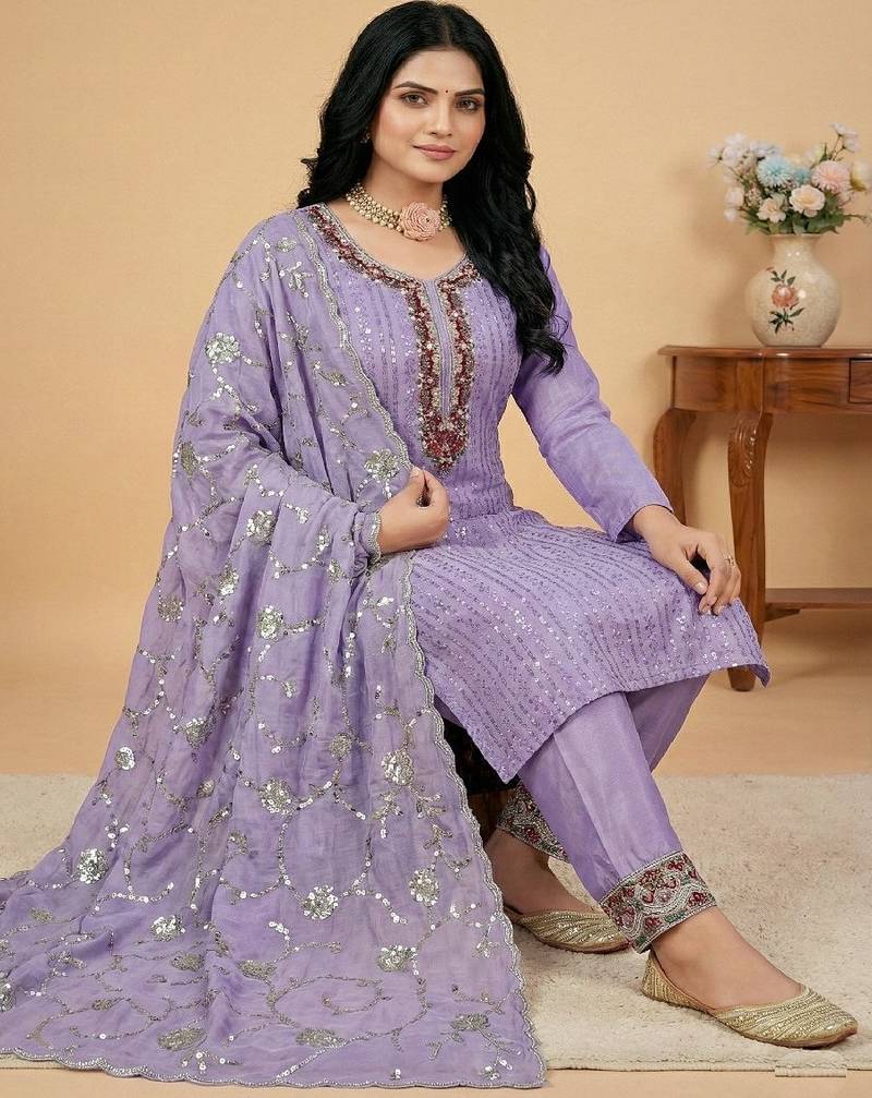 Lavender thread embroidery silk salwar suit
