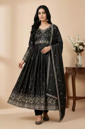 Black thread embroidery art silk salwar suit
