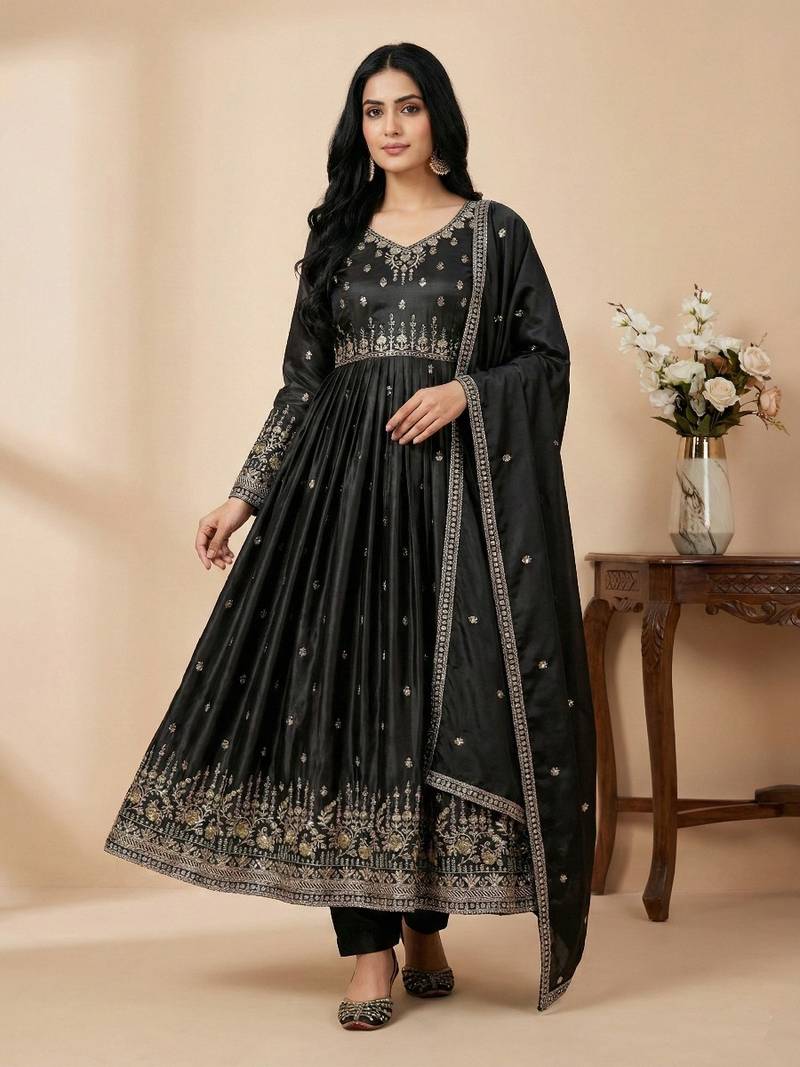 Black thread embroidery art silk salwar suit