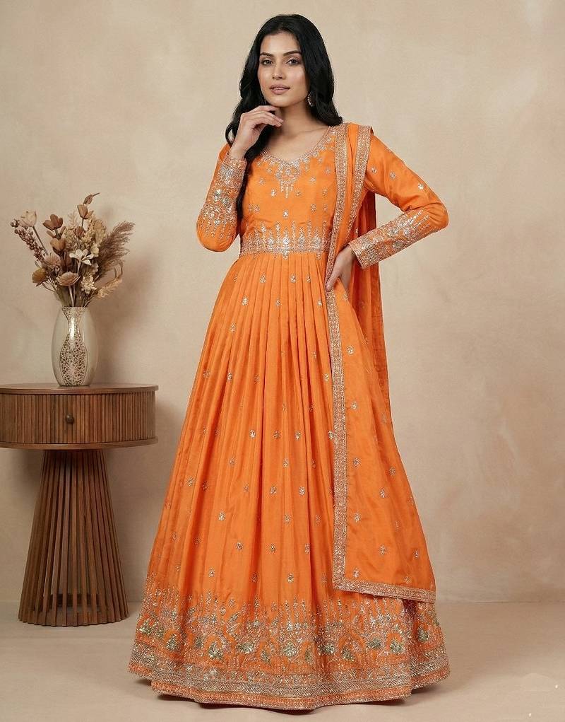 Orange thread embroidery art silk salwar suit