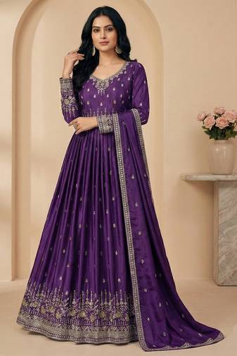 Purple thread embroidery art silk salwar suit