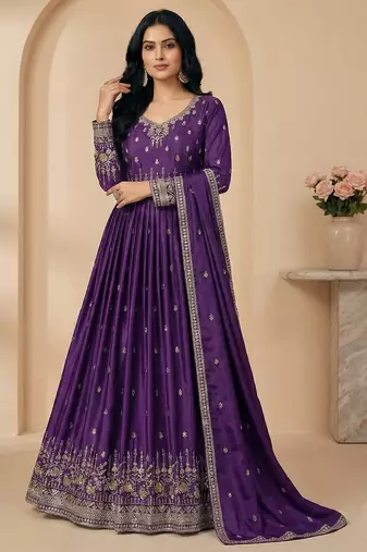 Purple thread embroidery art silk salwar suit