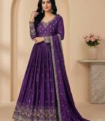 Purple thread embroidery art silk salwar suit
