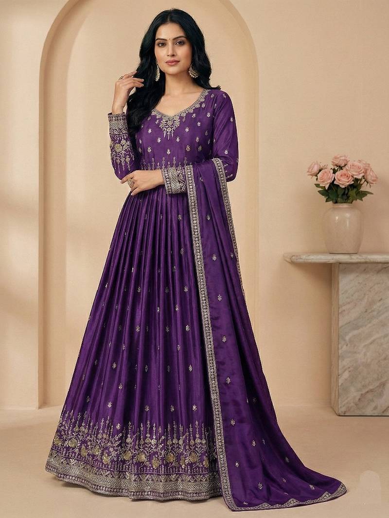 Purple thread embroidery art silk salwar suit