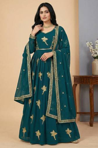 Teal thread embroidery faux georgette salwar suit