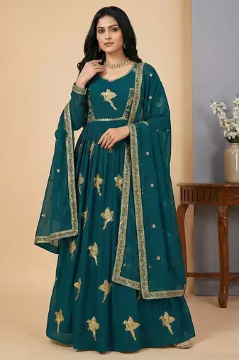 Teal thread embroidery faux georgette salwar suit