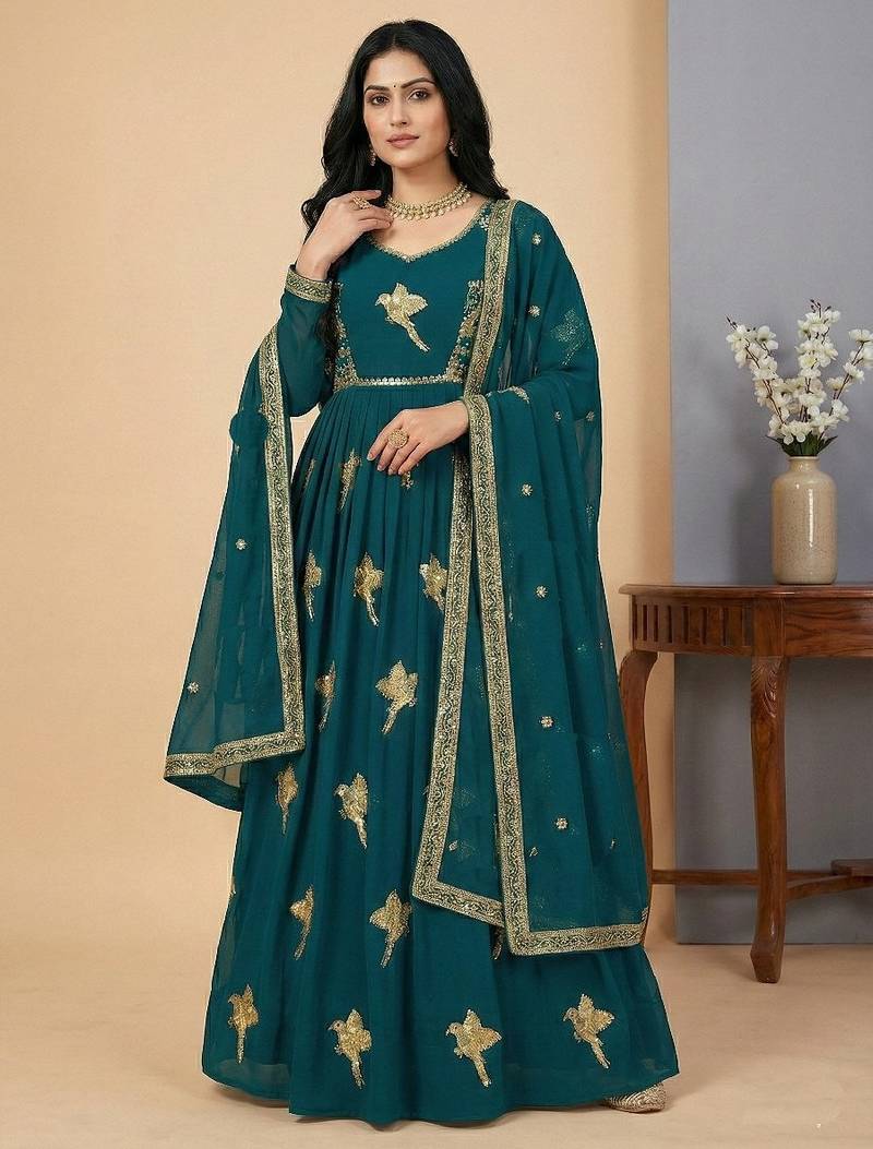 Teal thread embroidery faux georgette salwar suit