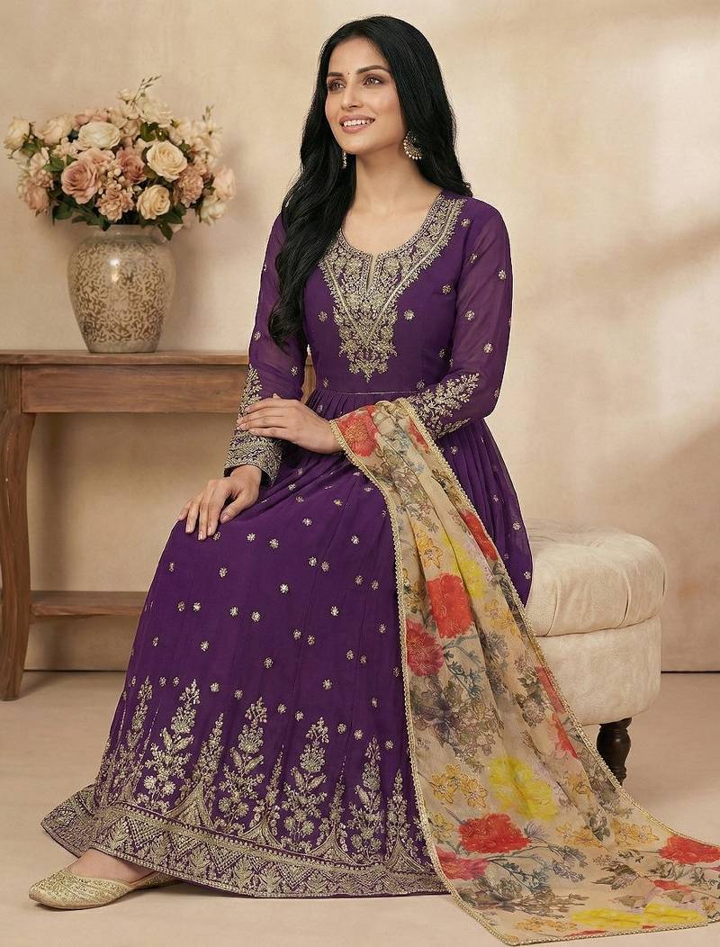 Purple thread embroidery georgette salwar suit