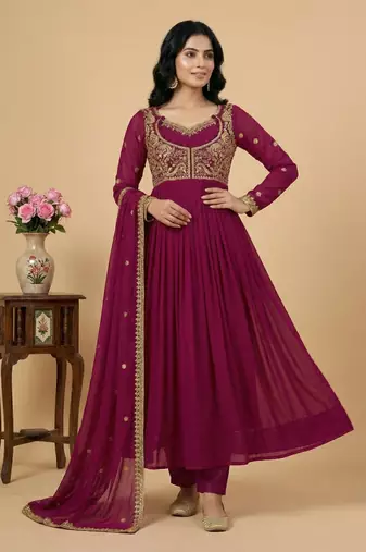 Pink thread embroidery faux georgette salwar suit