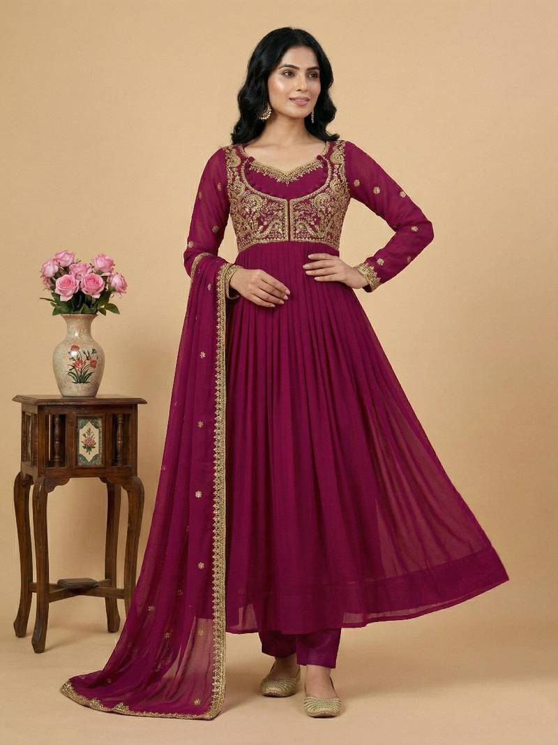 Pink thread embroidery faux georgette salwar suit