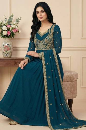 Teal thread embroidery faux georgette salwar suit