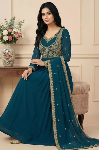 Teal thread embroidery faux georgette salwar suit