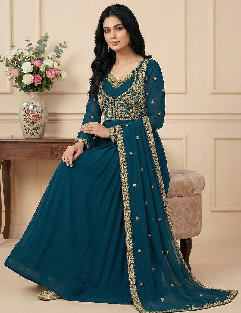 Teal thread embroidery faux georgette salwar suit