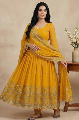 Yellow thread embroidery silk blend salwar suit
