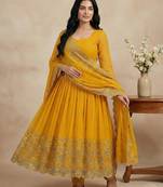 Yellow thread embroidery silk blend salwar suit