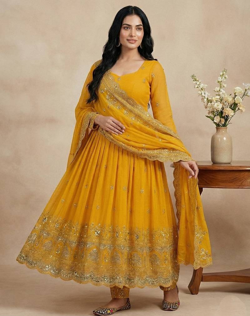 Yellow thread embroidery silk blend salwar suit