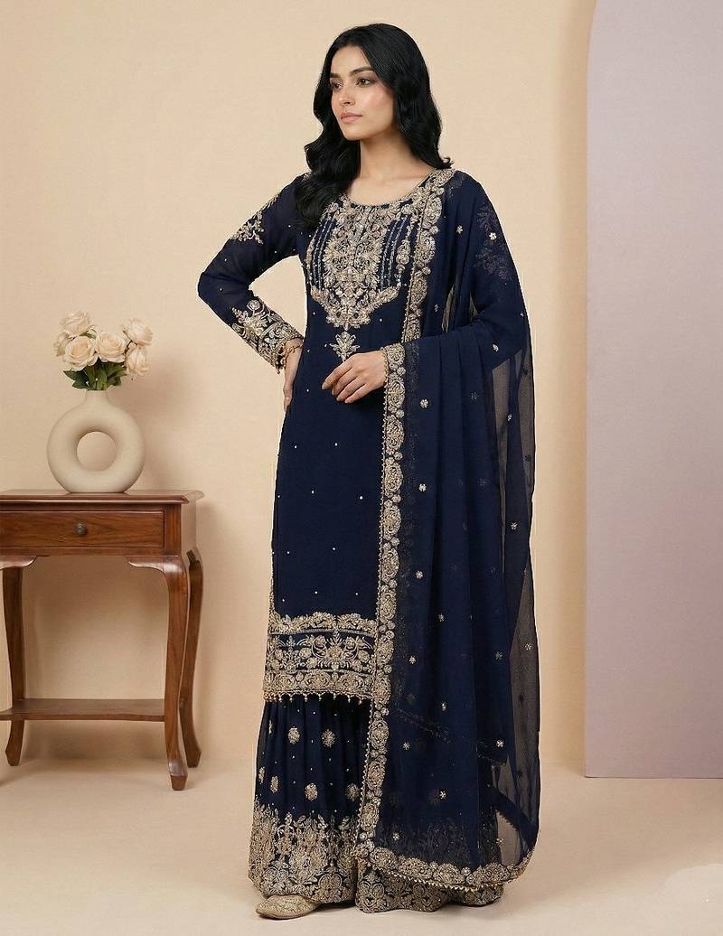 Navy-blue cord faux georgette salwar suit