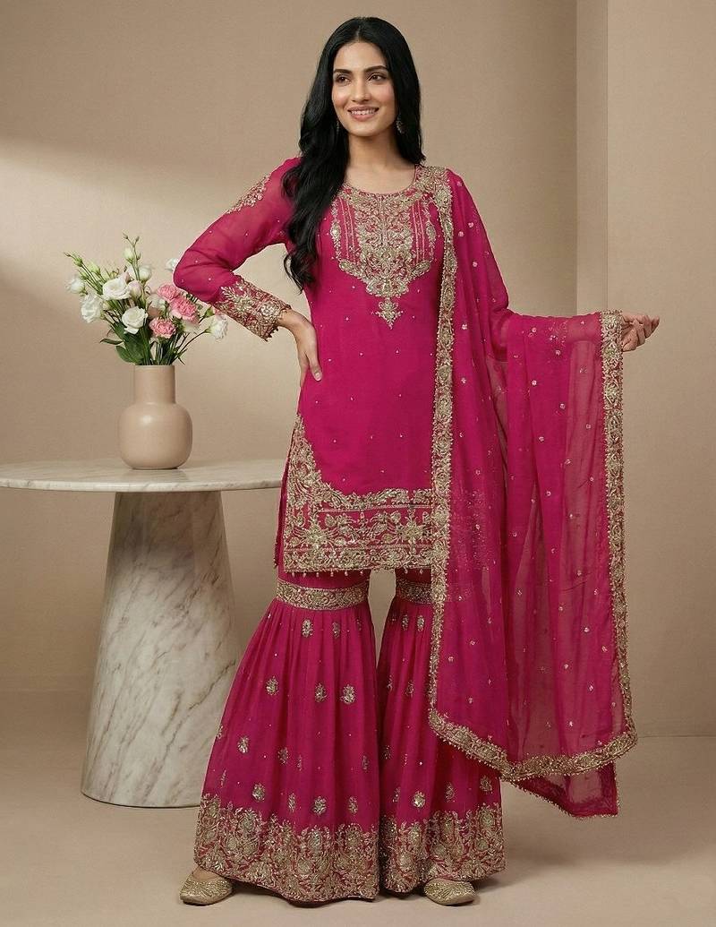 Pink cord faux georgette salwar suit