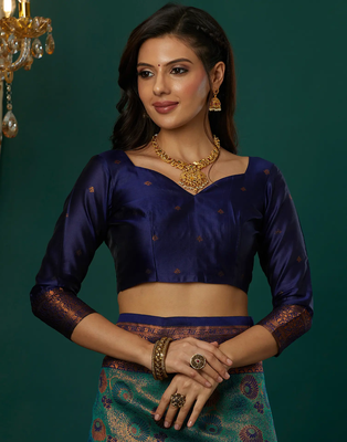 sky neavy blue silk blend banarasi saree with unstitched blouse piece 5
