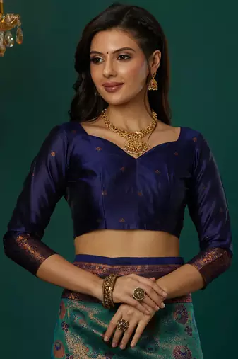 sky neavy blue silk blend banarasi saree with unstitched blouse piece
