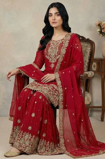 Red cord faux georgette salwar suit
