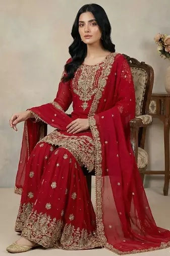 Red cord faux georgette salwar suit