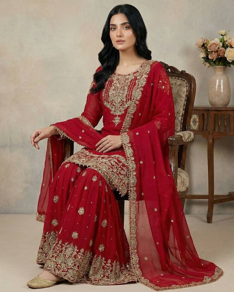 Red cord faux georgette salwar suit