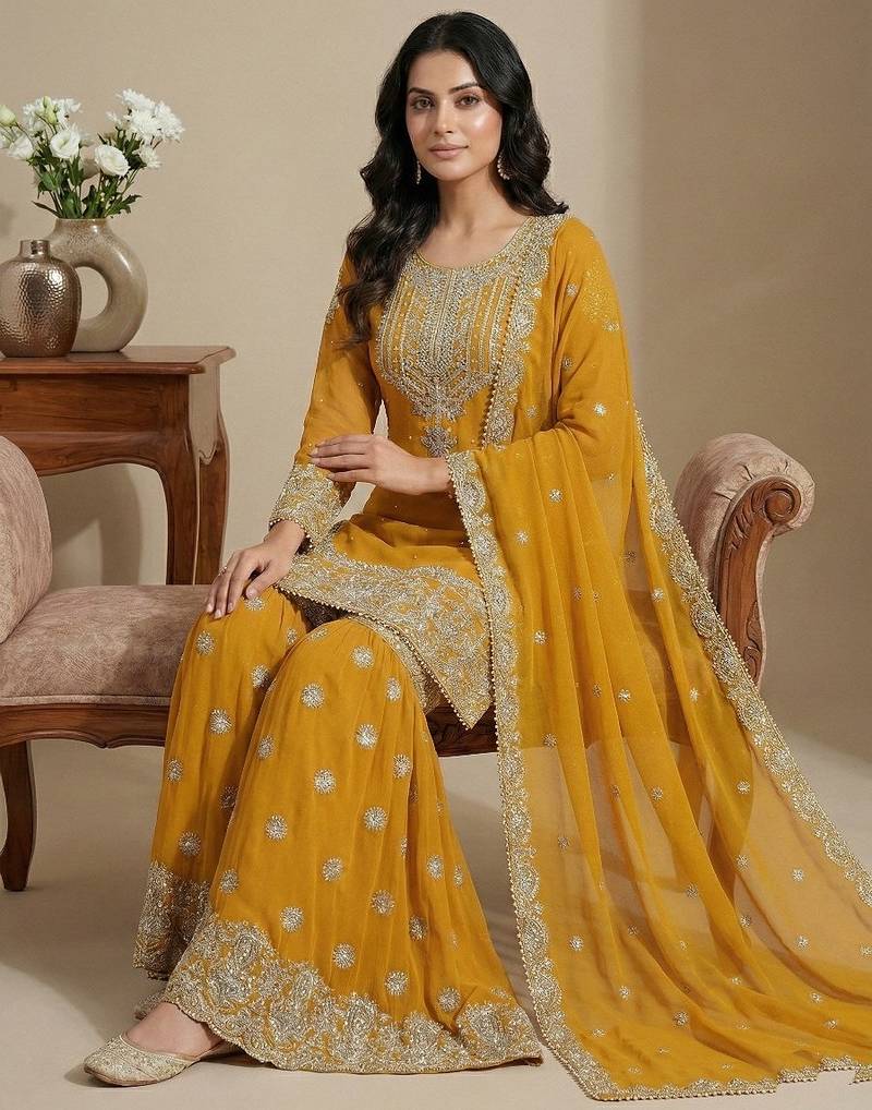 Yellow cord faux georgette salwar suit