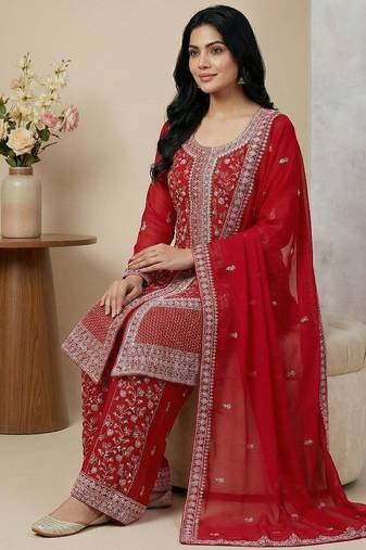 Red thread embroidery faux georgette salwar suit