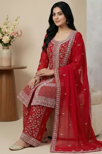 Red thread embroidery faux georgette salwar suit