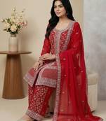 Red thread embroidery faux georgette salwar suit