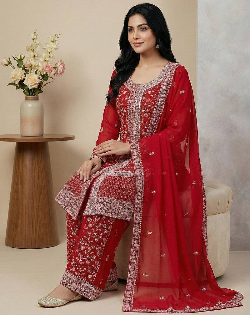 Red thread embroidery faux georgette salwar suit