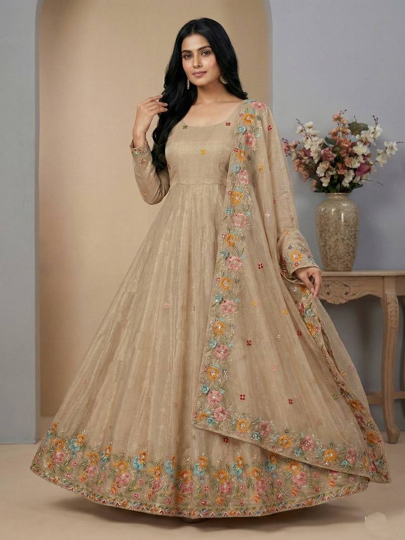 Cream sequins silk blend salwar suit