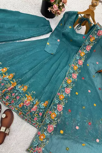 Blue sequins silk blend salwar suit