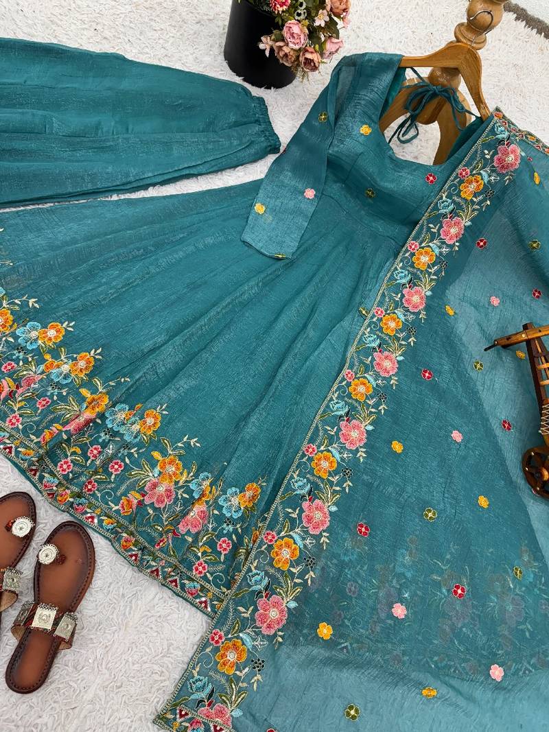 Blue sequins silk blend salwar suit