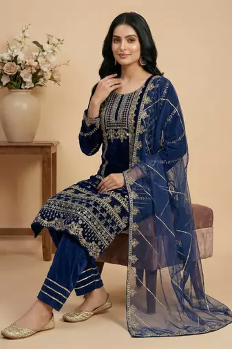Navy-blue embroidered viscose salwar suit