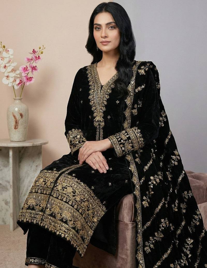 Black sequins viscose salwar suit