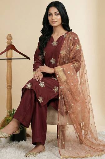 Maroon embroidered pure crepe salwar suit