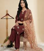 Maroon embroidered pure crepe salwar suit