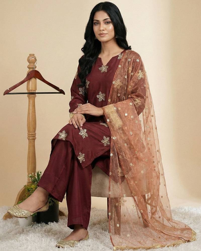 Maroon embroidered pure crepe salwar suit