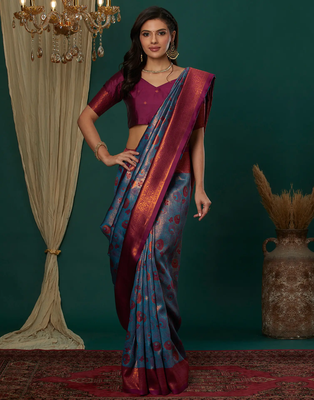 sky purple silk blend banarasi saree with unstitched blouse piece 1
