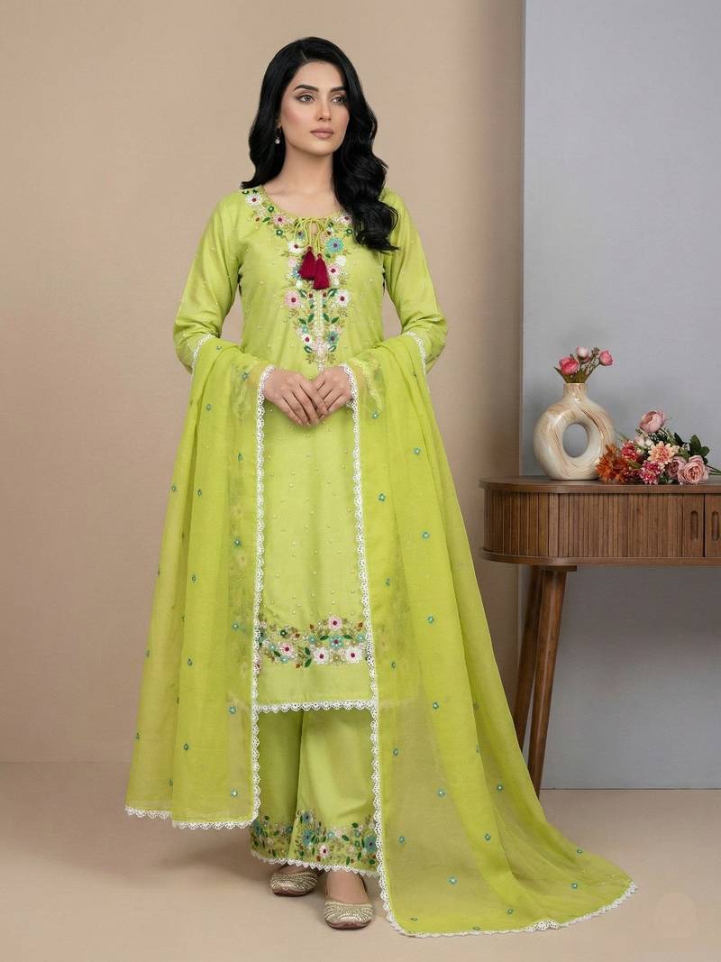 Light-yellow sequins faux georgette salwar suit