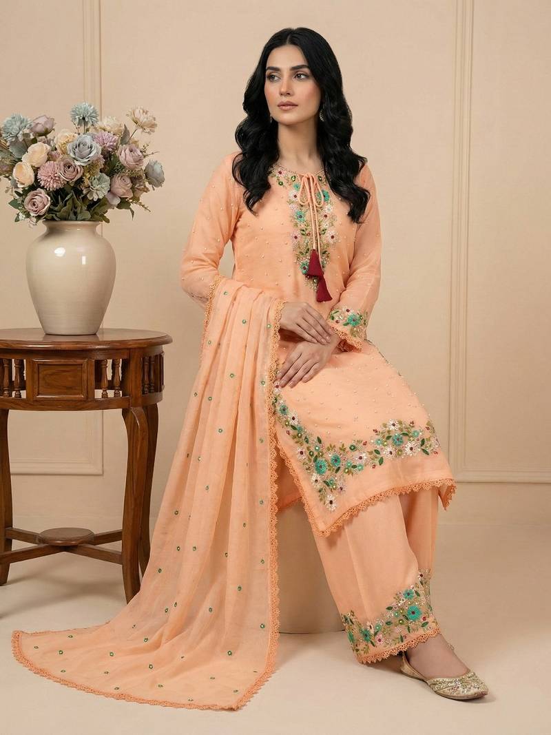 Peach sequins faux georgette salwar suit