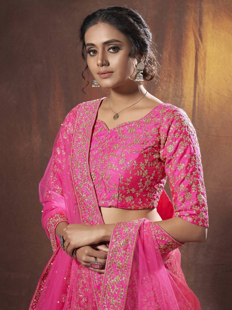 Gorgeous Pink Dori Embroidered Silk Wedding Lehenga Choli With Dupatta